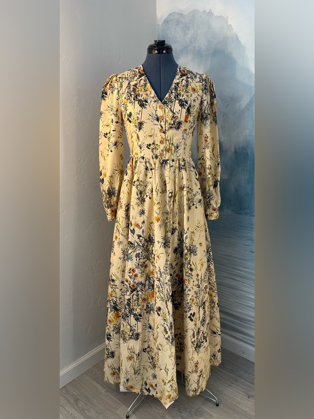 Floral V-Neck Long Sleeve Midi Dress - Cream #425